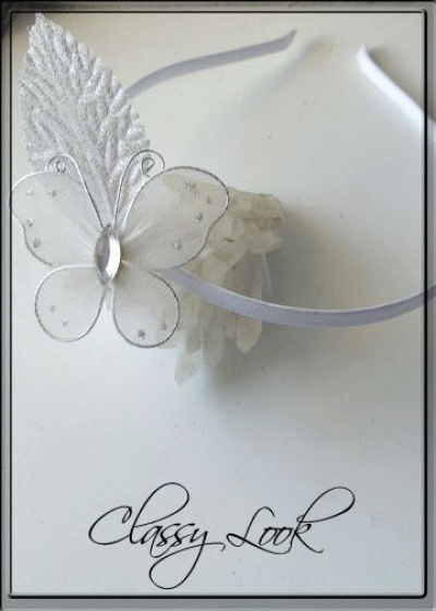 Диадема за коса Satin Butterfly Silver цвят бяло и сребро